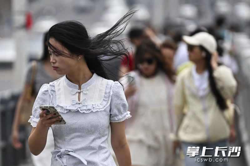 在橘子洲大桥，一位女士顶风出行。