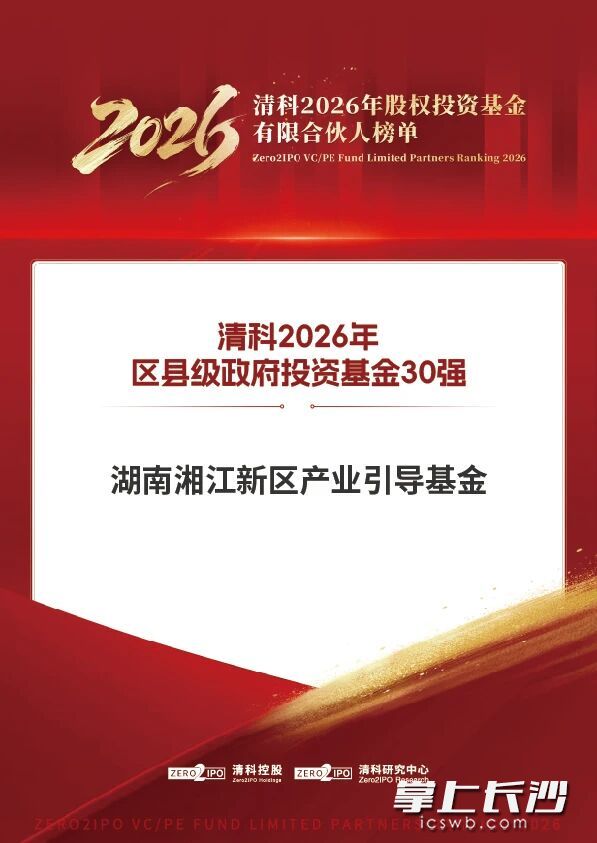 8月12日，湘江新区产业引导基金获清科研究中心发布的“清科2026年区县级政府基金30强”。通讯员 陈彦蓉 供图