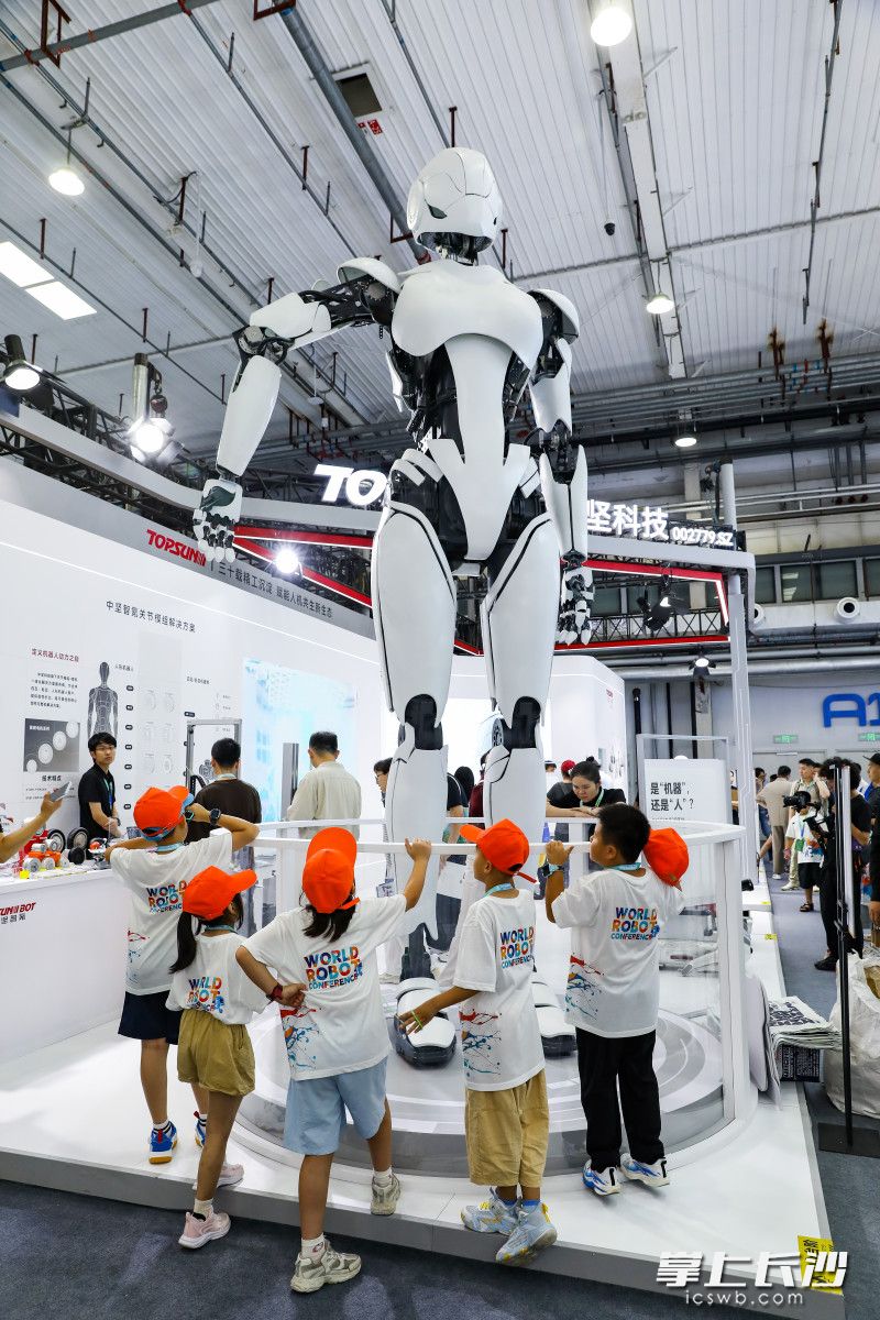 2026世界机器人大会，巨型机器人吸引小游客围观。 均为长沙晚报全媒体记者谭琳静、董阳摄