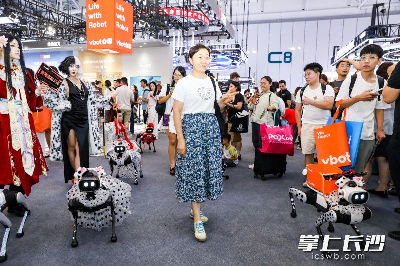 游客与萌宠机器人合影。