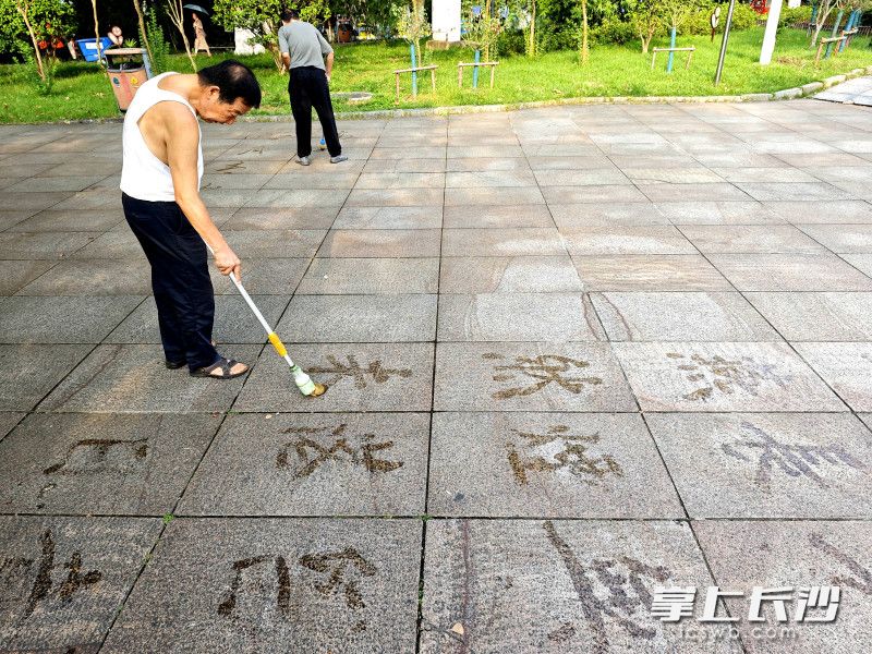除了雨雪天气，凌宇安在晨光中挥毫练字的身影，都会准时出现在烈士公园。