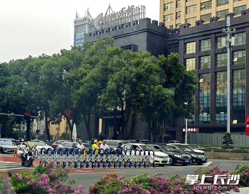 韶山北路八一路口，红灯亮起，伸缩护栏展开，将非机动车拦在等候区内。 均为长沙晚报全媒体记者贺文兵摄