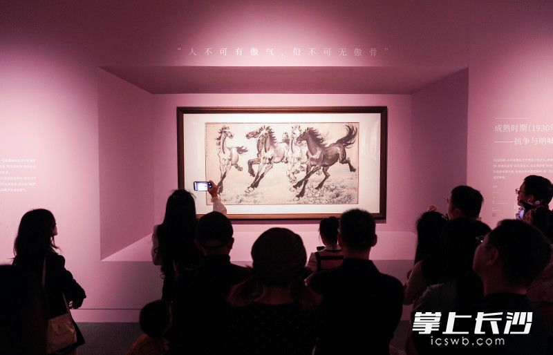 参观者驻足品鉴徐悲鸿画作。 参观者驻足品鉴徐悲鸿画作。