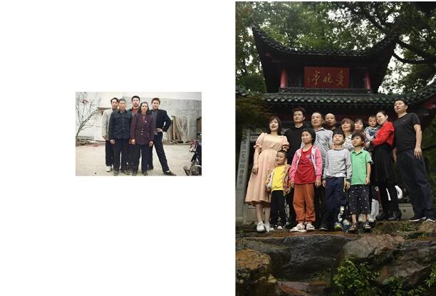 左：2000年2月，董华兴一家在家门口的坪里照了一张全家福。  右：2019年6月1日，董华兴一家在长沙岳麓山游玩，拍下的全家福。