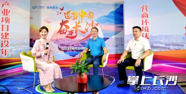 长沙高新区创业服务中心主任胡斌（中）畅谈切实推进“两个年”工作。周秋燕 摄