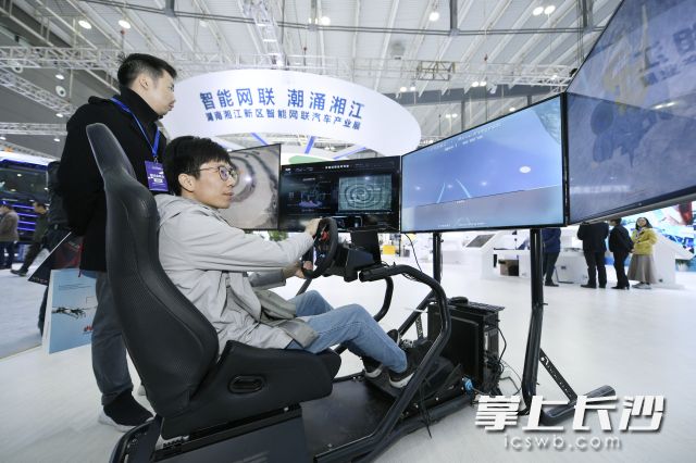 观展观众在体验智能驾驶。