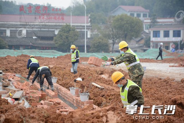 在项目场地西侧的临建施工区，工人们正抓紧施工。岑军 摄