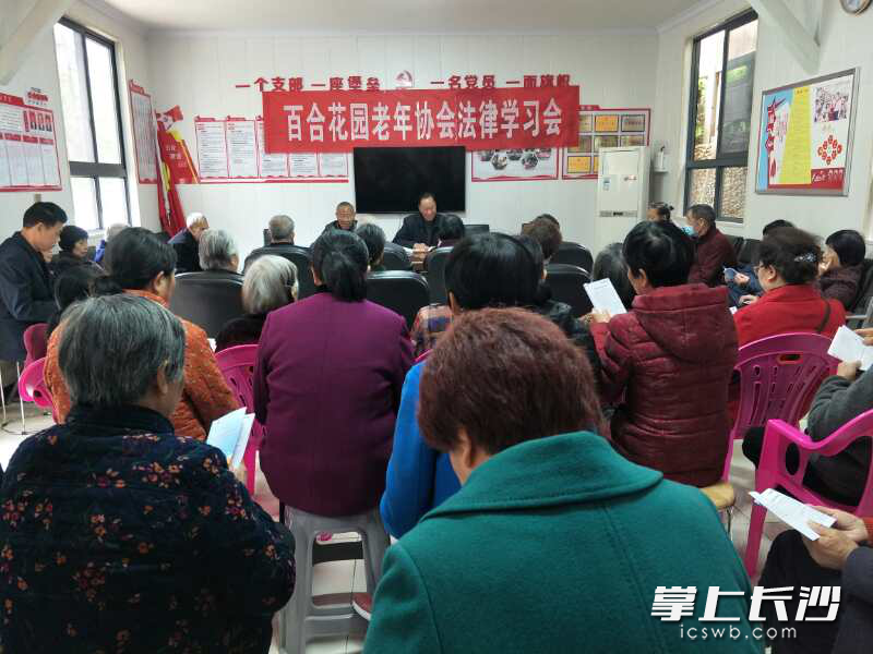 活动现场，百宜社区百合花园老年协会会长张怡成以案说法，以法析案。