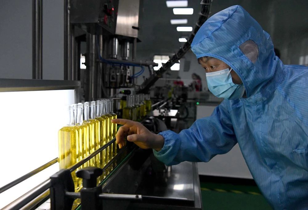 △3月27日，工作人员在河南省光山县一家油茶加工企业的灌装车间作业。