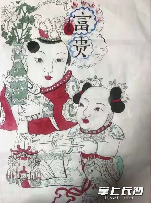 岳麓区枫林绿洲小学学生谢晶玲画的年画。