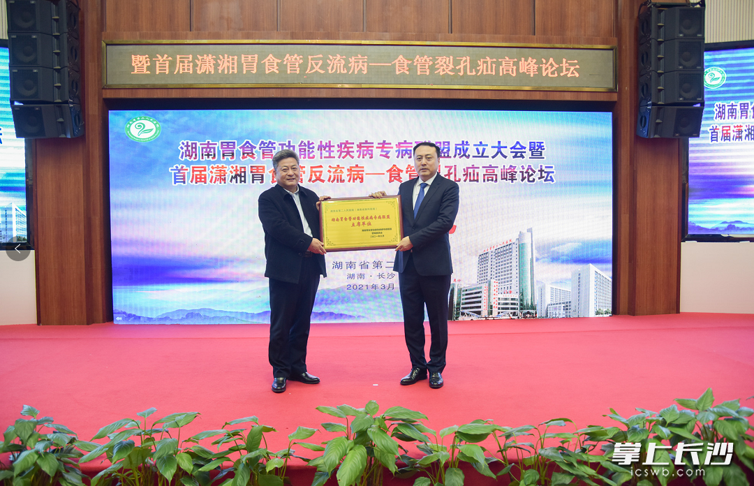 湖南省卫生健康委医政医管处二级调研员、副处长李世忠，为首届湖南胃食管功能性疾病专病联盟主席单位湖南省第二人民医院授牌。 长沙晚报通讯员 蒋泉潜 摄