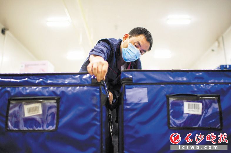 27日 19:21　　代运冷链运输车司机郭国顺将需要分发的疫苗装进冷链保温箱。