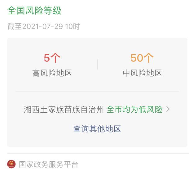 国家政务服务平台查询显示湘西州为低风险地区。