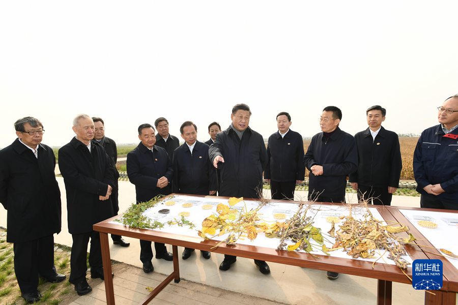 10月22日下午，中共中央总书记、国家主席、中央军委主席习近平在山东省济南市主持召开深入推动黄河流域生态保护和高质量发展座谈会并发表重要讲话。这是座谈会前，习近平21日上午在东营市黄河三角洲农业高新技术产业示范区考察。 新华社记者 谢环驰 摄