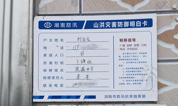 贴在村民家庭外墙上的山洪灾害防御明白卡。