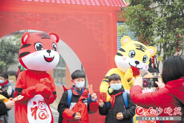 在长沙高新区博才云时代小学，两只憨厚的“小虎仔”带着学生领取自己的新年红包。长沙晚报通讯员 喻怀宇 陈思 全媒体记者 陈良 摄影报道