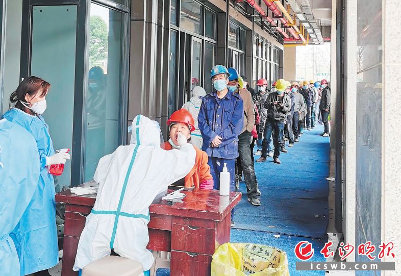市住建局党员志愿者在一工地组织建筑工人参与核酸检测采样。　　长沙晚报全媒体记者 陈焕明 通讯员 肖日凡 摄影报道