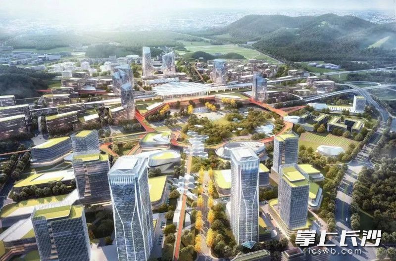 浏阳高铁片区将结合浏阳北站与长浏快线以及南北云轨三轨交汇，将站南站北广场以立体交通构筑环形景观通廊，形成站城一体的核心区域。