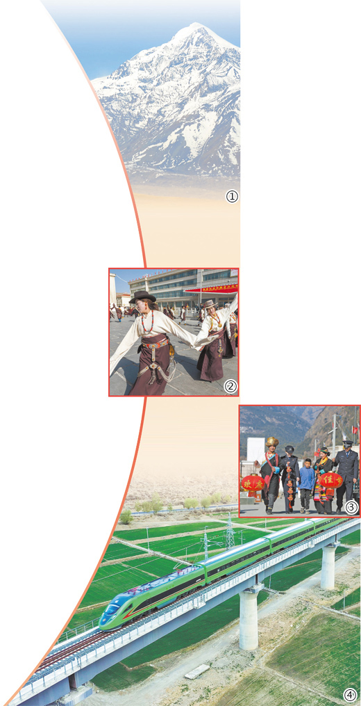 图①：西藏雪山风光。旦增西旦摄
图②：那曲市群众跳起锅庄舞，庆祝西藏百万农奴解放纪念日。新华社记者 周荻潇摄
图③：吉隆边检站民警为当地村民送去节日礼物。鲜敢 王天琪摄影报道
图④：列车行驶在拉林铁路上。人民日报记者 徐驭尧摄