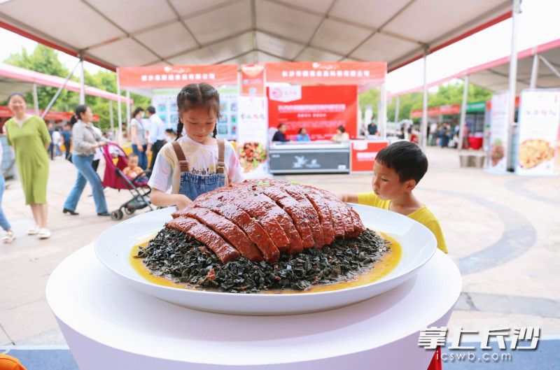 展销会现场，两个孩子被一个巨大的梅菜扣肉模型所吸引。长沙晚报全媒体记者 颜开云 摄