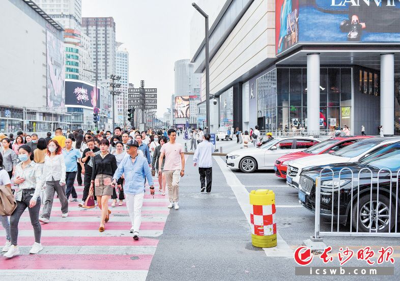 在司门口粉红斑马线，车辆在遇见行人时主动让行。　　长沙晚报全媒体记者 邹麟 实习生 谢佳燊 摄