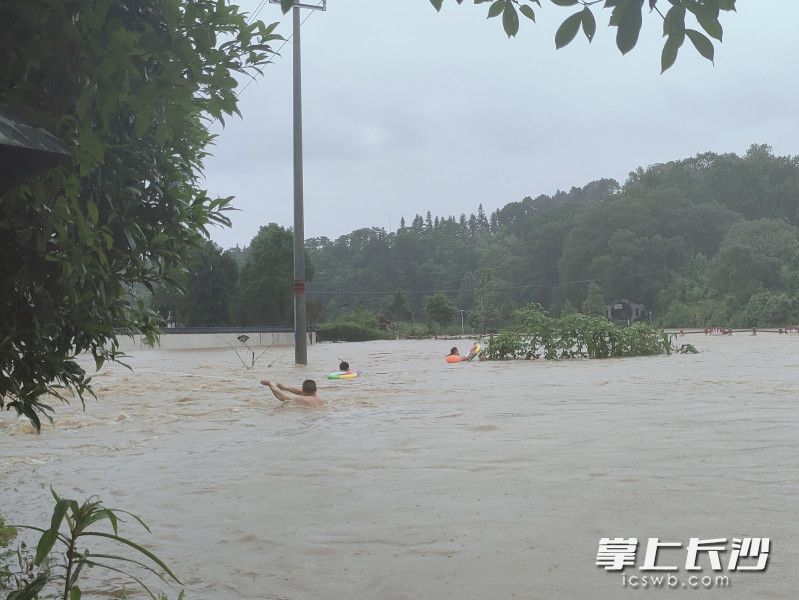 三人跳进湍急河流，救援落水者。  受访者供图