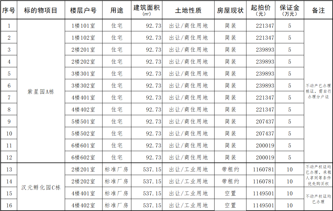 拍卖标的情况表