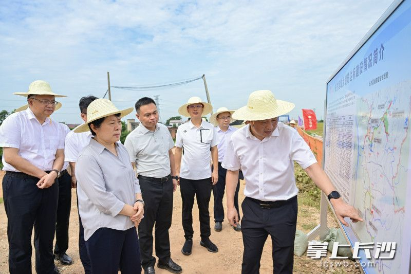 7月16日上午，省委常委、市委书记吴桂英在长沙县回龙垸堤防达标建设项目现场调研。