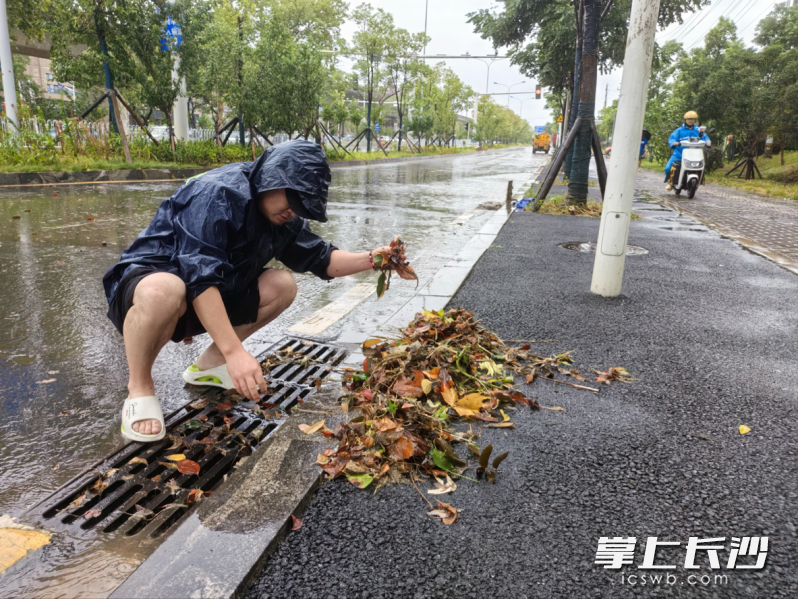 嘉和社区党员干部及时清理排水沟堵塞物。 均为天心区供图