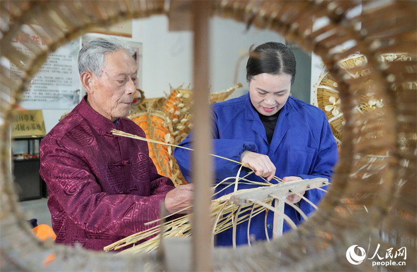 Yu Fangze, an inheritor of the national intangible cultural heritage craft of weaving straw dragons, and her daughter weave a dragon in Hukou county, east China's Jiangxi Province. (People's Daily Online/Kong Wenjin)