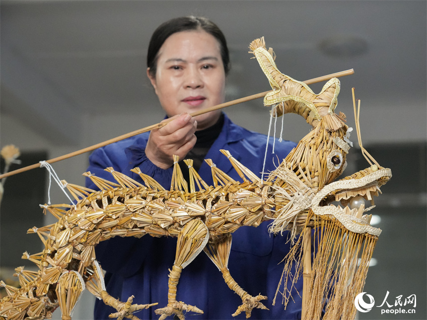 Photo shows a straw dragon woven by Yu Fangze, an inheritor of the national intangible cultural heritage craft of weaving straw dragons, in Hukou county, east China's Jiangxi Province. (People's Daily Online/Kong Wenjin)