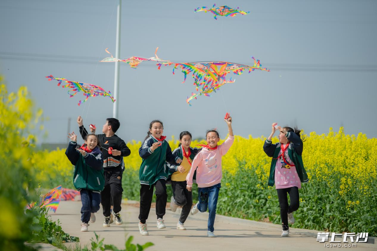 孩子们奔跑在花丛中，愉快地放飞着风筝。