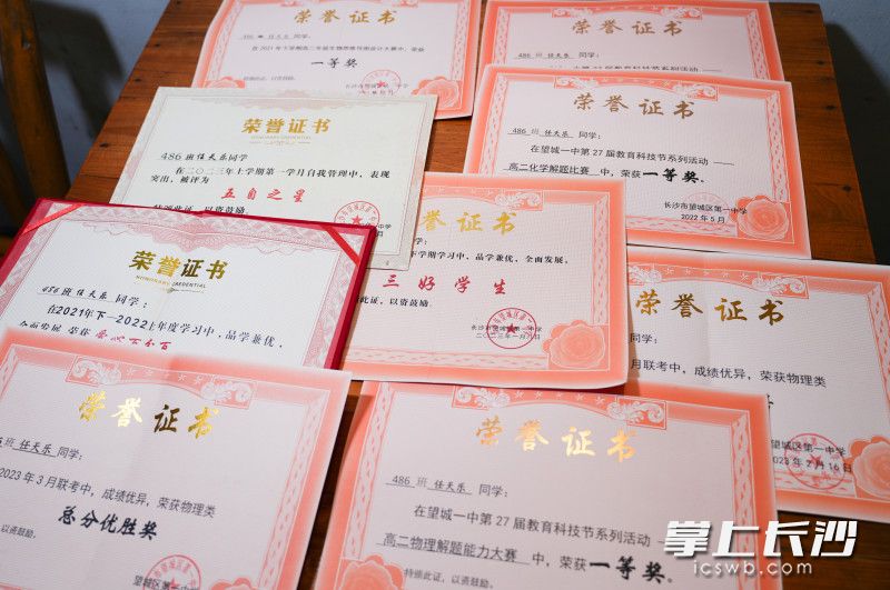 家住望城区靖港镇芦江社区的任天乐在望城一中读书期间获得的荣誉。