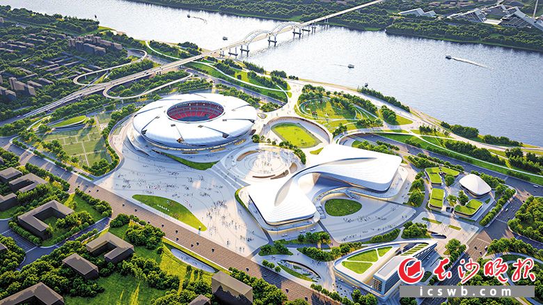 长沙奥体中心“一场两馆”正式进入主体施工阶段，天心南部融城片区即将“起飞”。图为长沙奥体中心效果图。长沙城发集团 供图