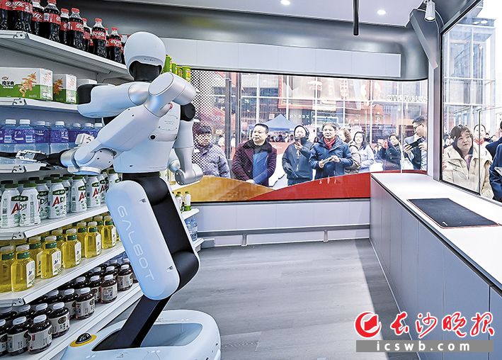 “银河太空舱”内，Galbot 机器人“店员”正在工作。长沙晚报全媒体记者 陈焕明 通讯员 彭诚植 摄影报道