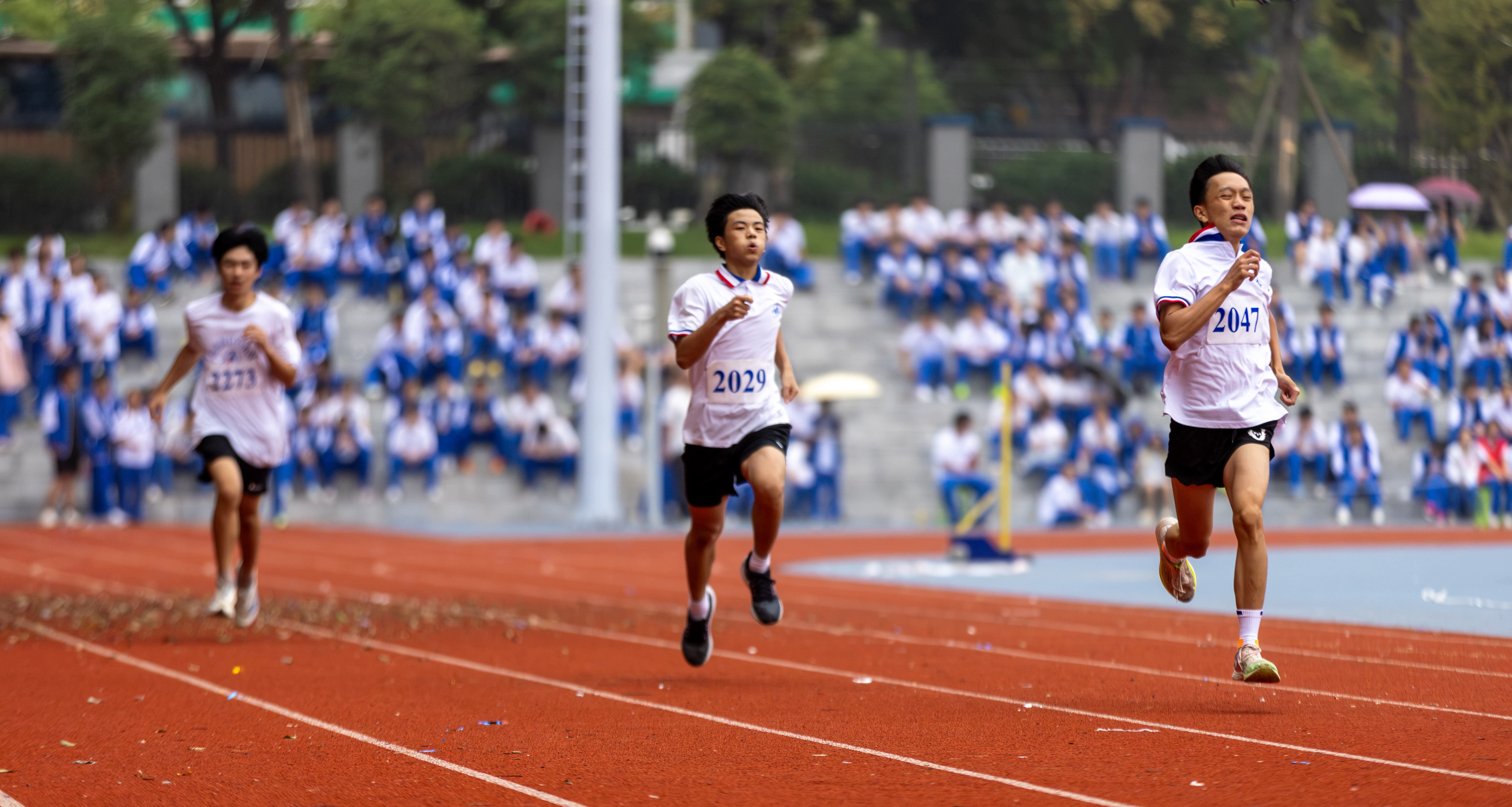 学校运动会田径赛上，几名选手在奋力奔跑。
