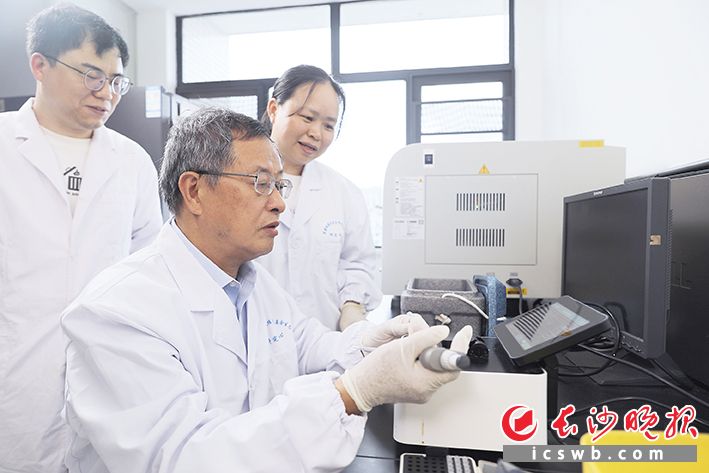 印遇龙（坐者）和团队成员在做实验。长沙晚报全媒体记者 陈卓 摄